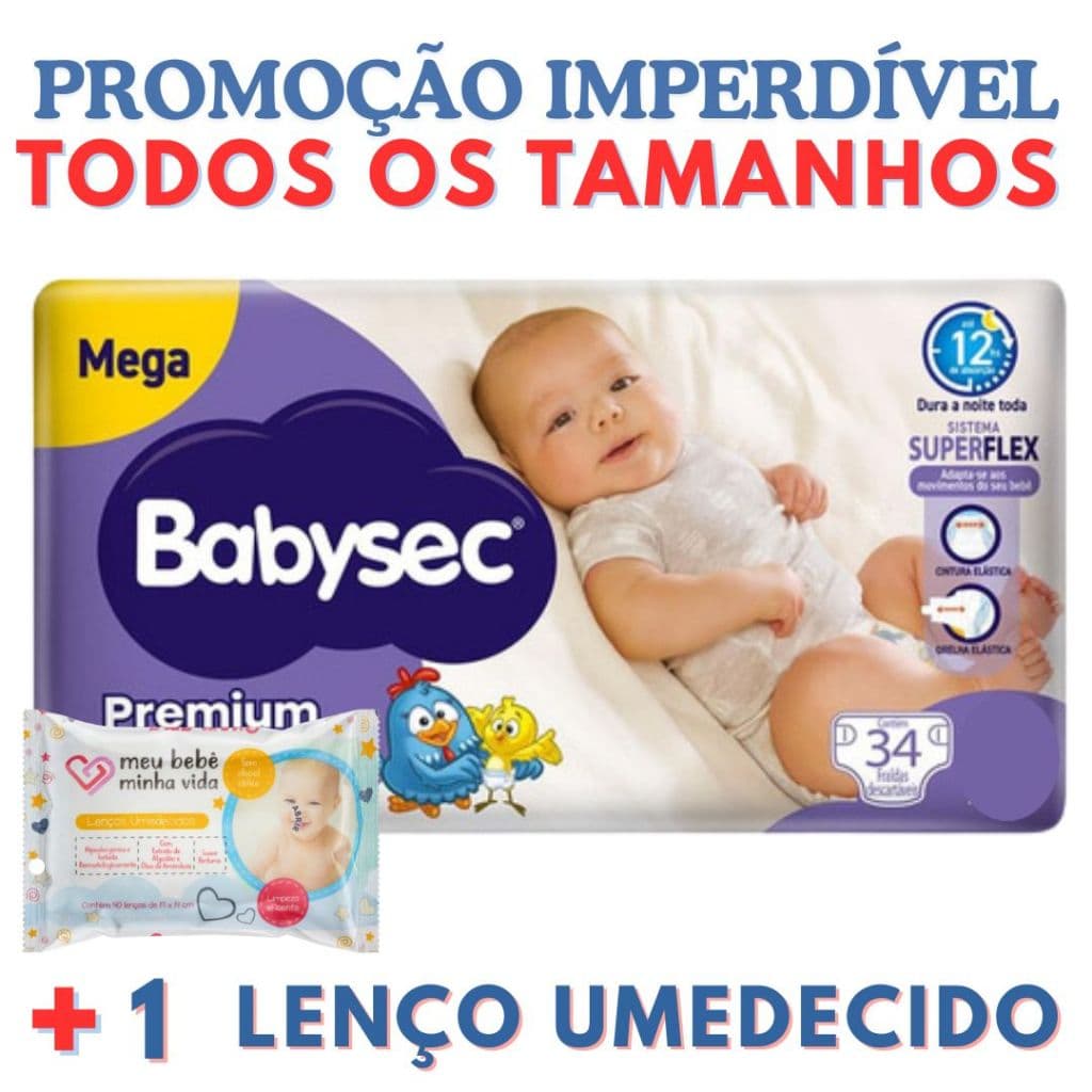 Fralda Babysec Premium galinha pintadinha, pacote mega todos os tamanhos P ao XXG + lenço umedecido