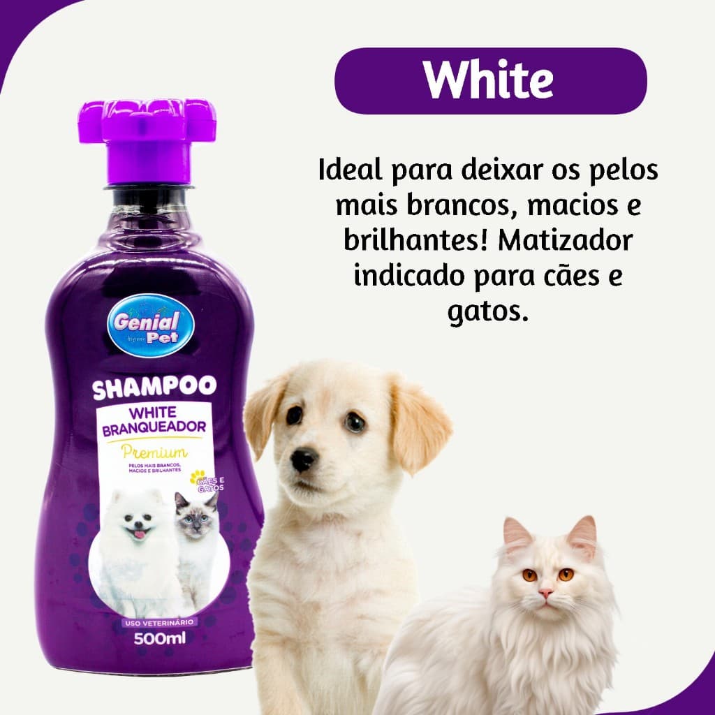 Shampoo Pet Branqueador Matizador Natural Para Cães e Gatos Pelos Claros Brancos Profissional Genial