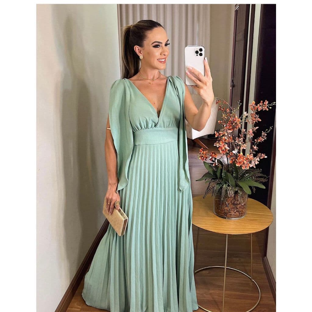 Vestido Longo Plisado Decote V Vestido Para  Madrina de Casamento e Festas