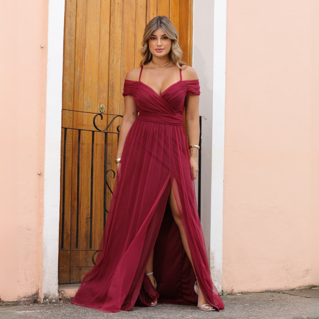 Vestido De Festa Longo Elegante Ombro a Ombro Sem Brilho