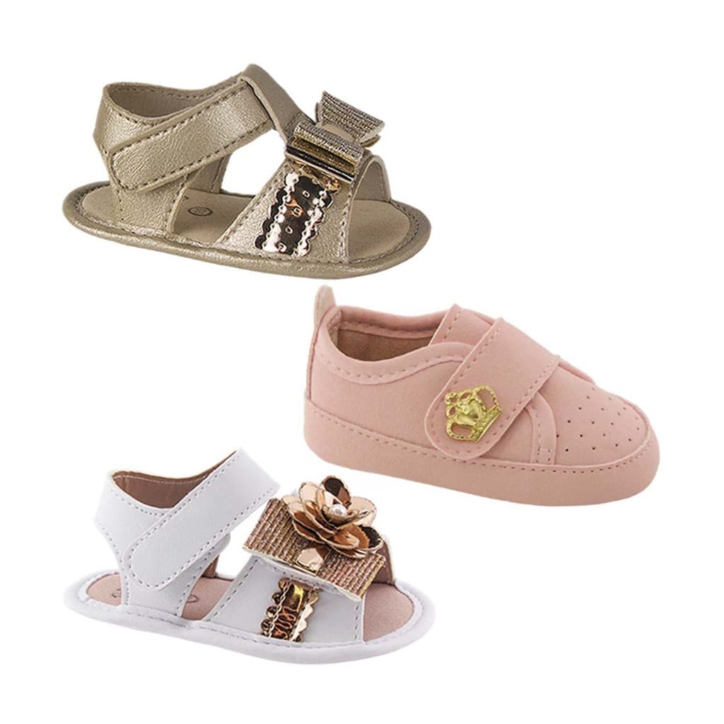 Kit 3 Pares Tênis Sandália Bebê Menina Calçado Infantil Sapatinho Sandalinha Feminina Confortável