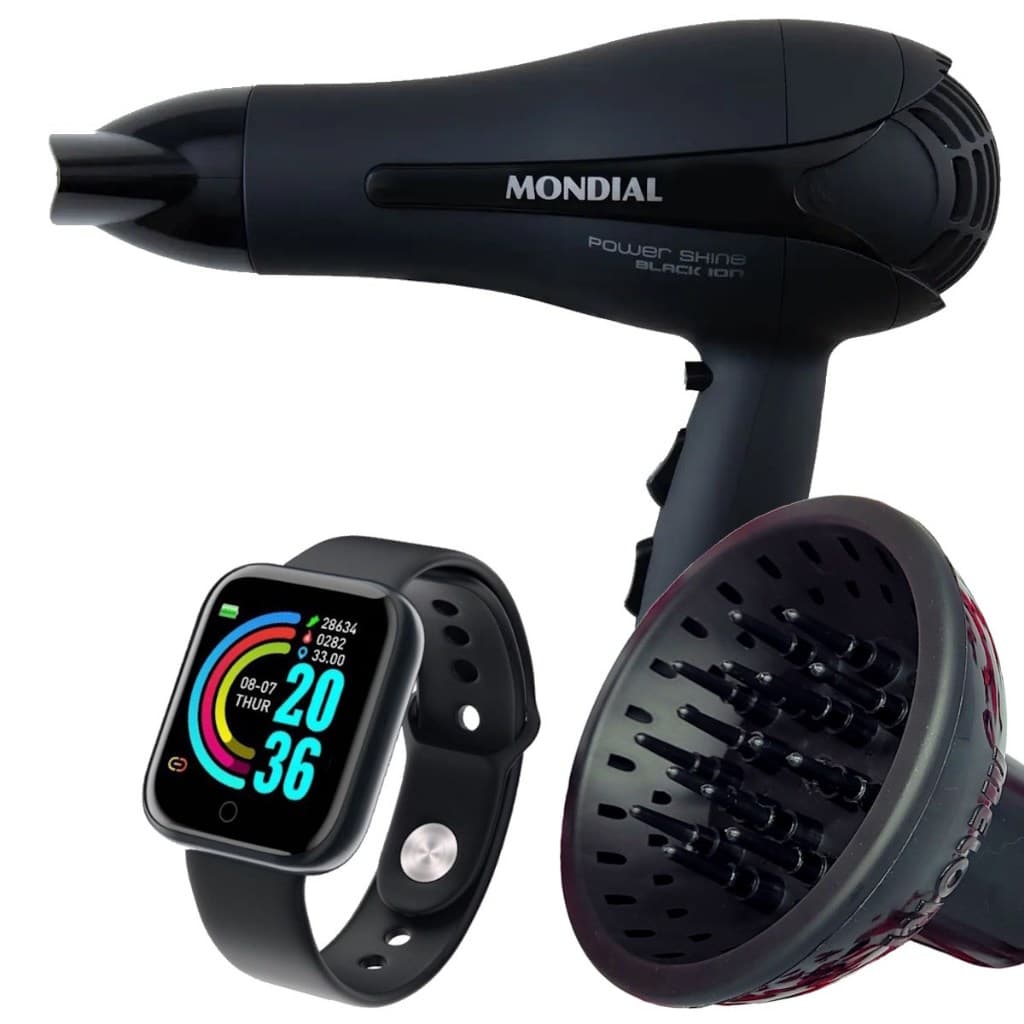 Secador De Cabelo Mondial 2000w Ions Profissional Ar Quente e Frio Power Com Difusor de Cachos Smartwatch