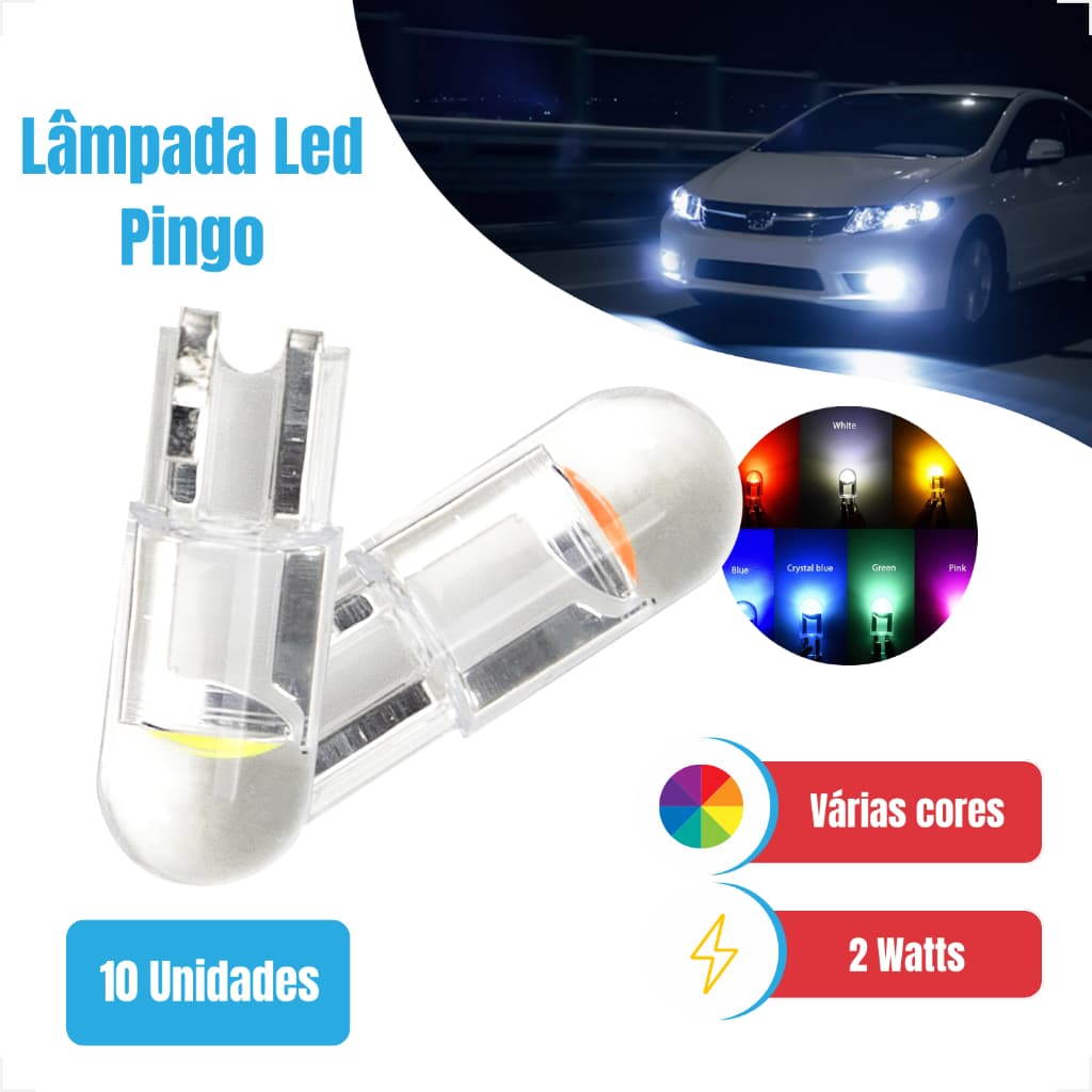 Kit 2-10 Lâmpada Led Pingo T10 9mm 23mm 0,36w 0,03A-DC12V Iluminação Moto Carro Diversas Cores MEGA