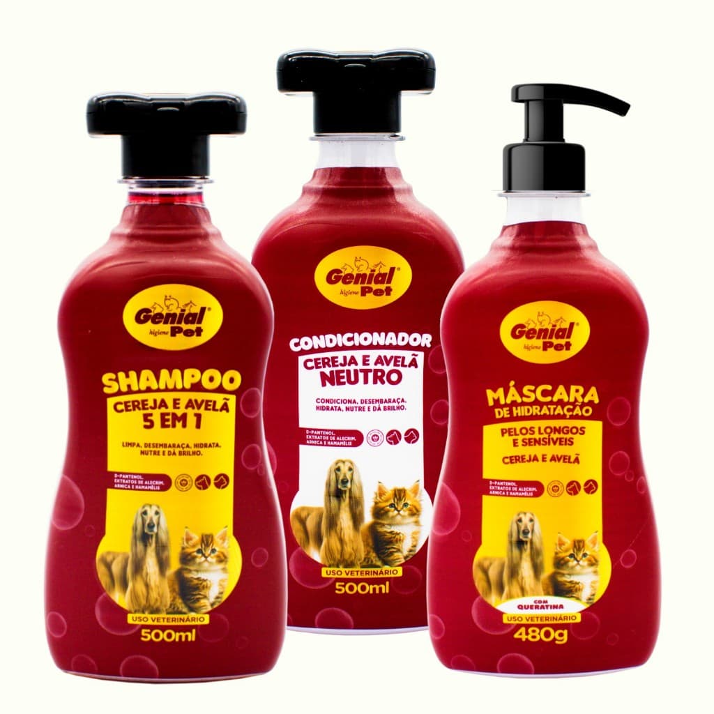 Kit Shampoo 5 em 1 Condicionador Mascara de Hidratação Cereja e Avelã Para Cachorro e Gato Genial