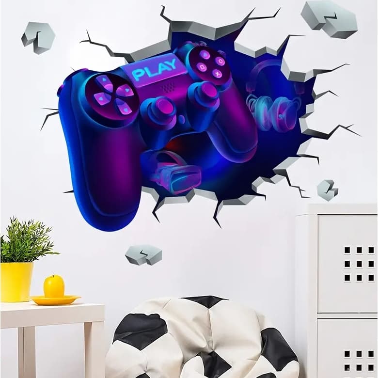 Adesivo de Parede Controle de Videogame 3D – Efeito Quebrado Gamer para Quarto