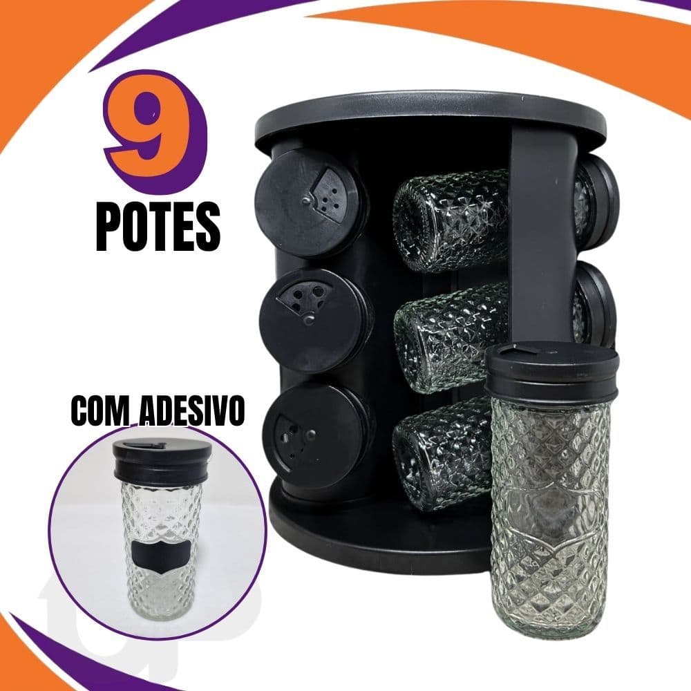 Porta Condimentos e Temperos Giratório 360º Com 9 Potes de Vidro Cozinha Tempero