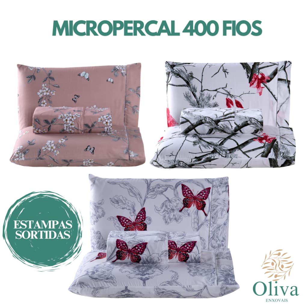 Jogo de Cama Lençol Casal Queen 3 Peças Micropercal 400 Fios detalhe em Ponto Palito na Fronha