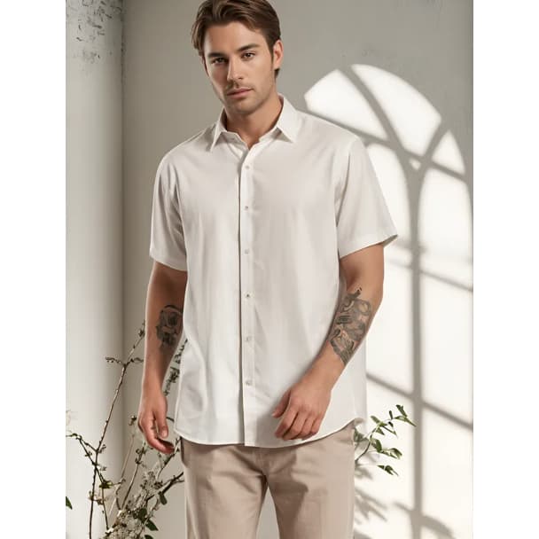 Camisa Social Masculina Manga Curta Slim Fit Luxo Detalhada