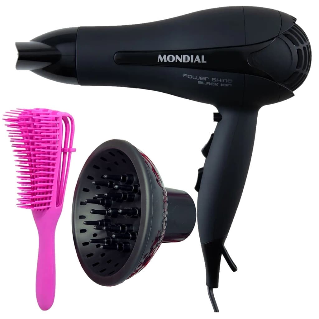 Secador De Cabelo Mondial 2000w Ions Profissional Ar Quente e Frio Power Com Difusor de Cachos Escova Polvo