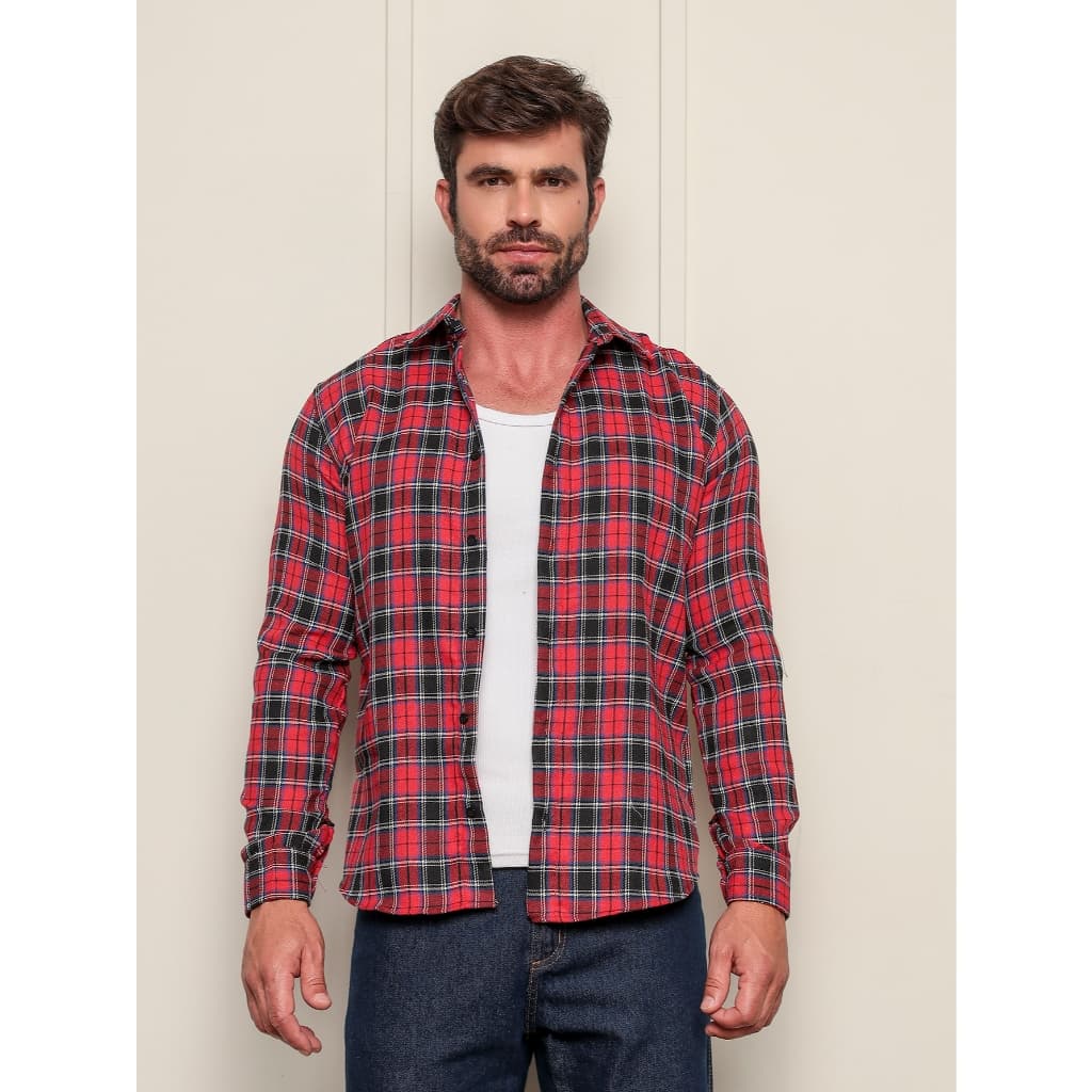 Camisa Xadrez Masculina Social Slim Manga Longa Flanelada Junina