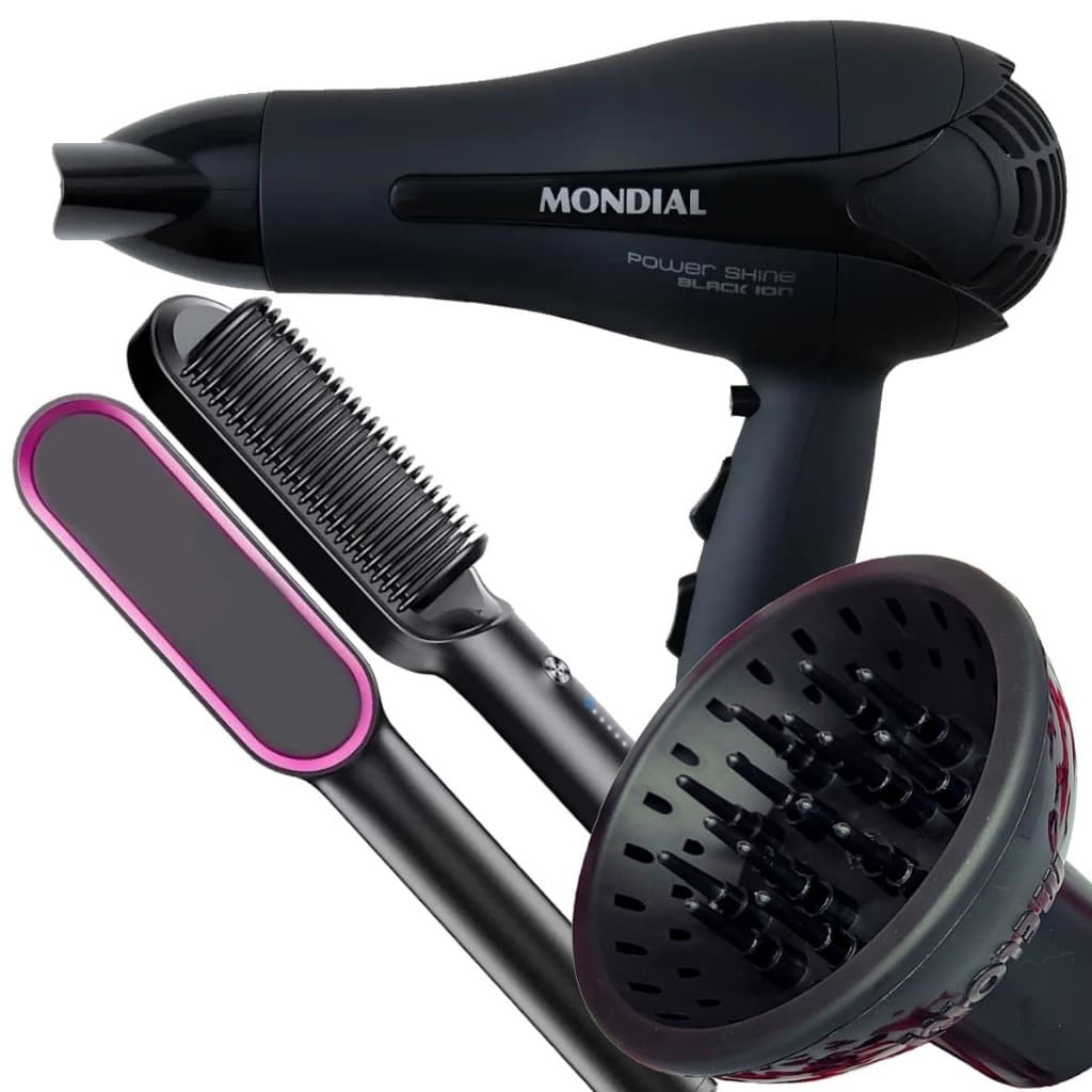 Secador De Cabelo Mondial 2000w Ions Profissional Ar Quente e Frio Power Difusor de Cachos Escova Alisadora 2 em 1 HQ