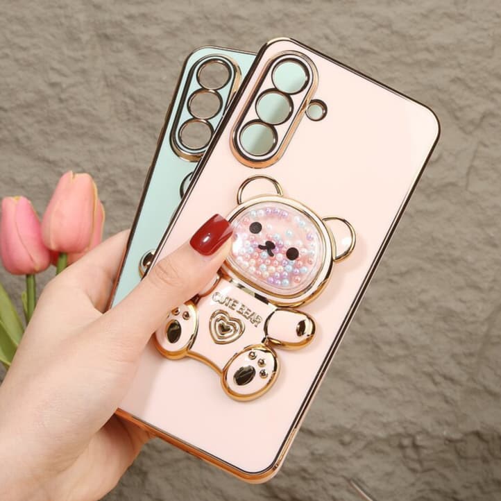 Capinha de Celular Luxuosa Com Suporte Urso para Samsung A04,A05,A14,A15,A24,A25,A34,A35,A54,A55