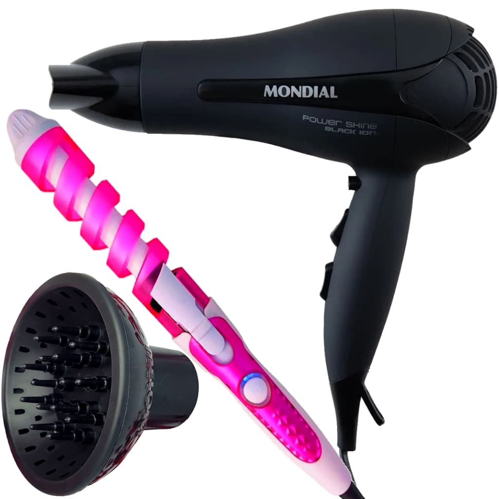Secador De Cabelo Mondial 2000w Ions Profissional Ar Quente e Frio Power Com Difusor de Cachos Modelador Cacheador Nova