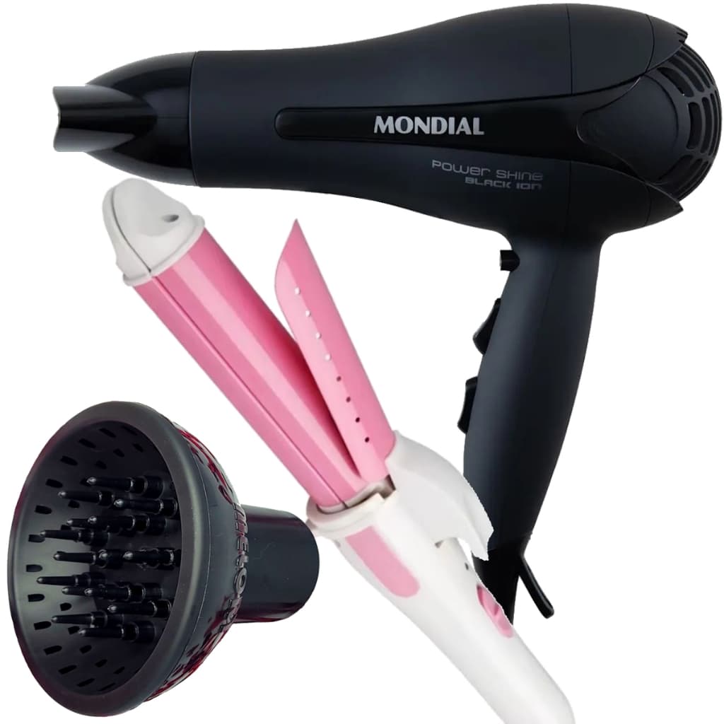 Secador De Cabelo Mondial 2000w Ions Profissional Ar Quente e Frio Power Com Difusor de Cachos Prancha Modelador 2 em 1