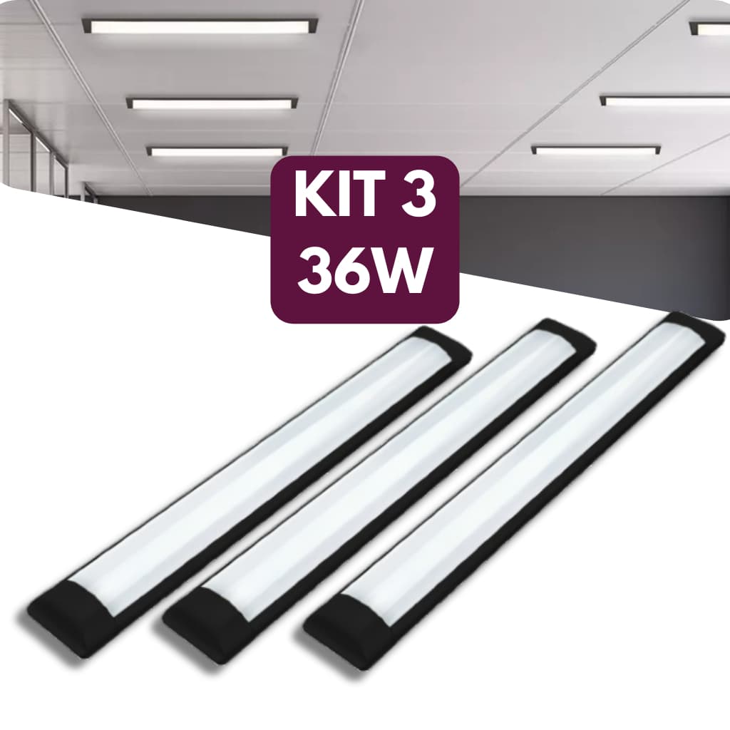 Kit 3 Luminária Slim Tubular Led 36w Preto 100CM Branco Frio 6500K Avant Bivolt 110v/220v