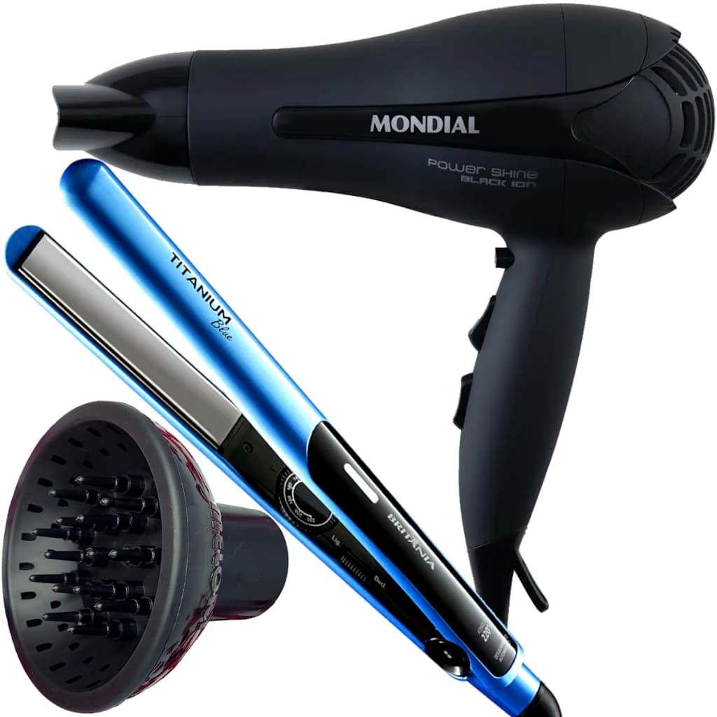 Secador de Cabelo Mondial 2000w Ions Profissional Ar Quente Frio Power Difusor de Cachos Prancha Titanium Digital 220ºc