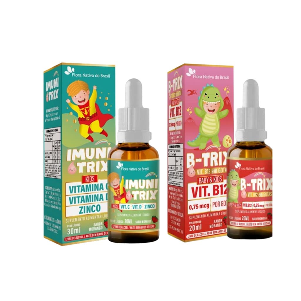 Vitamina B-Trix 20ml Sabor Morango + Imunitrix (Vitamina C, Vitamina D, Zinco) 30ml