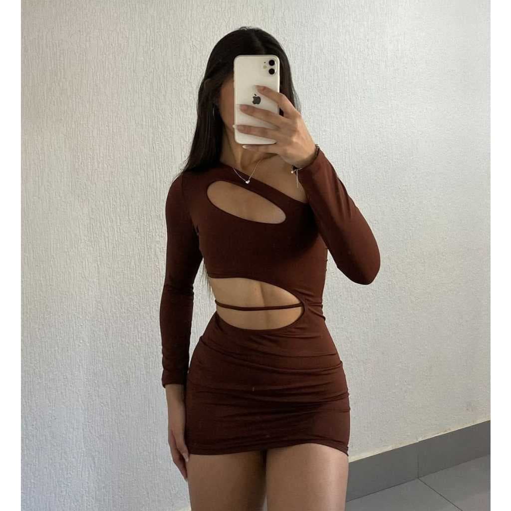 Vestido Com Abertura No Peito Modelado No Corpo Suplex Moda Gringa ( Júpiter )