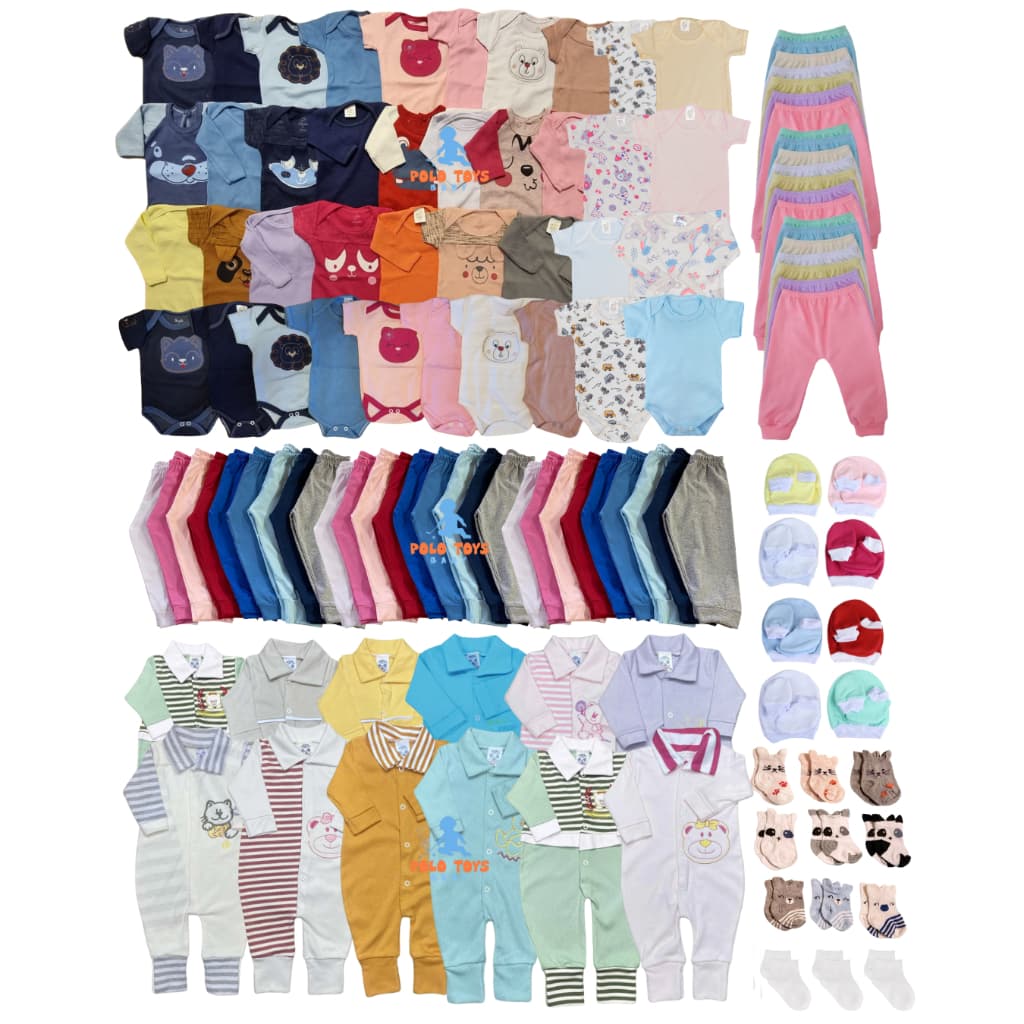 Super Kit 50 Peças de Bebê Body Macacão Calça Mijão Luvas Toucas e Meias Liso e Estampado Enxoval Maternidade