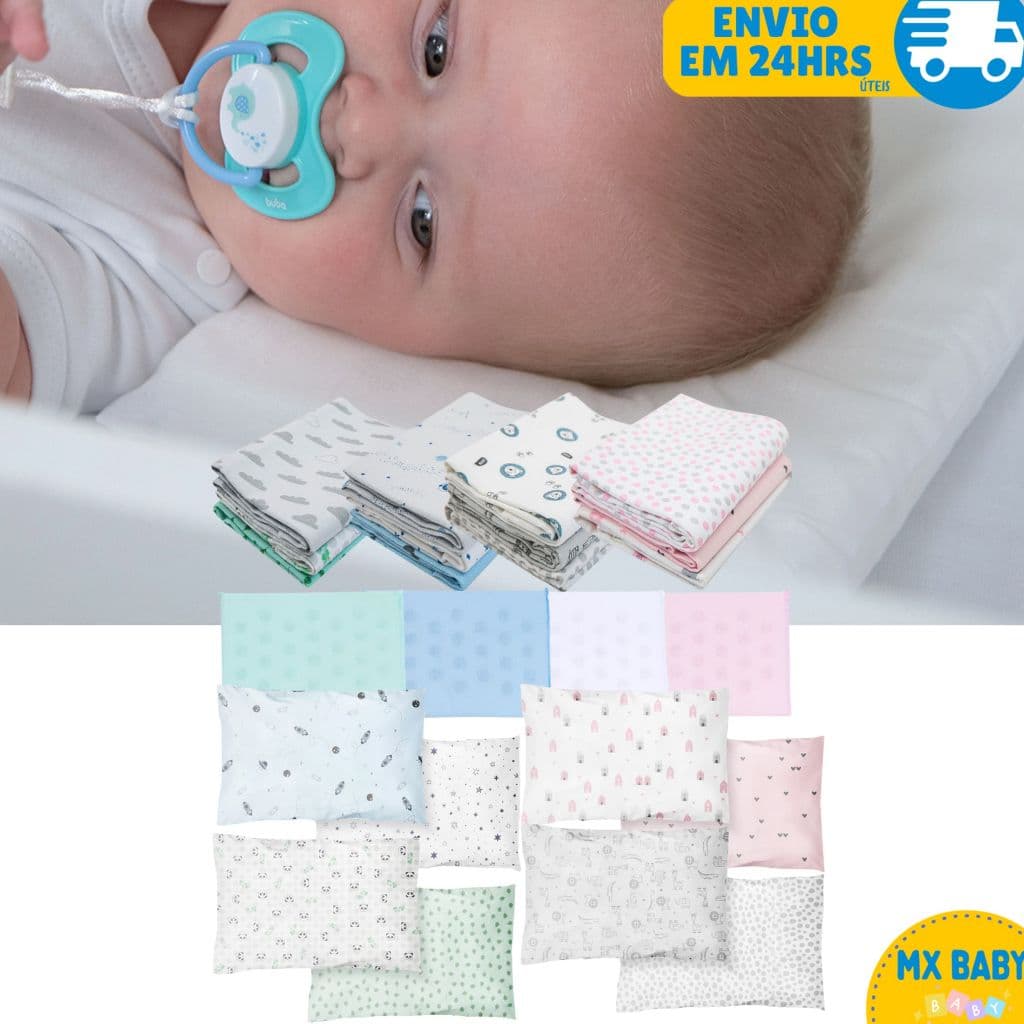 Kit 6 Peças Enxoval Bebê Cueiro  Flanelado Fronha Estampada Travesseiro Antissufocante 100% Algodão
