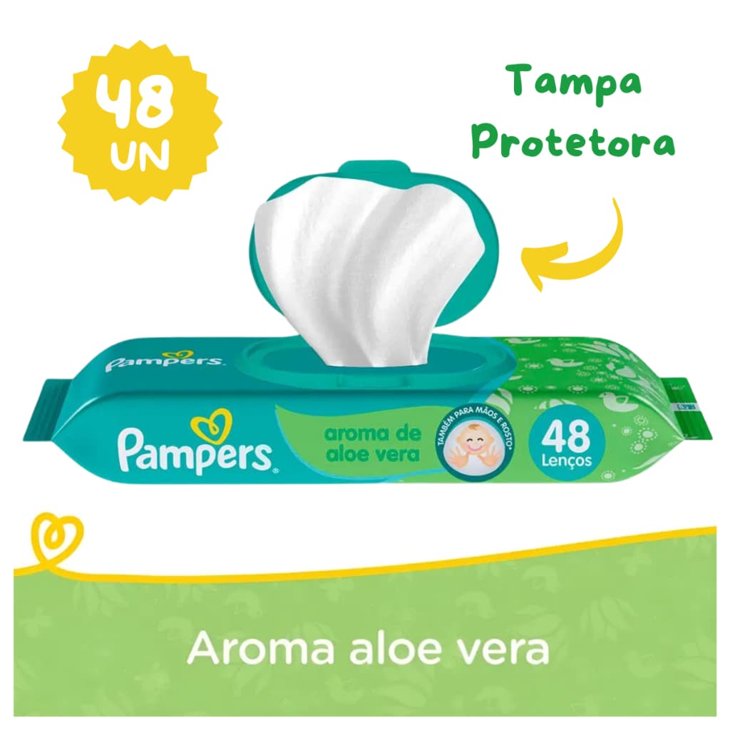 Pampers Lenco Umedecido Aroma Aloe Vera Pacote com 48 Unidades Com Tampa Protetora Sem Alcool