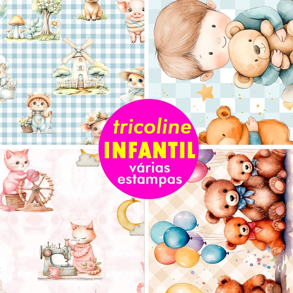 Tecido Tricoline Digital 100% Algodão 50cm x 1,50m Estampa Infantil Patchwork