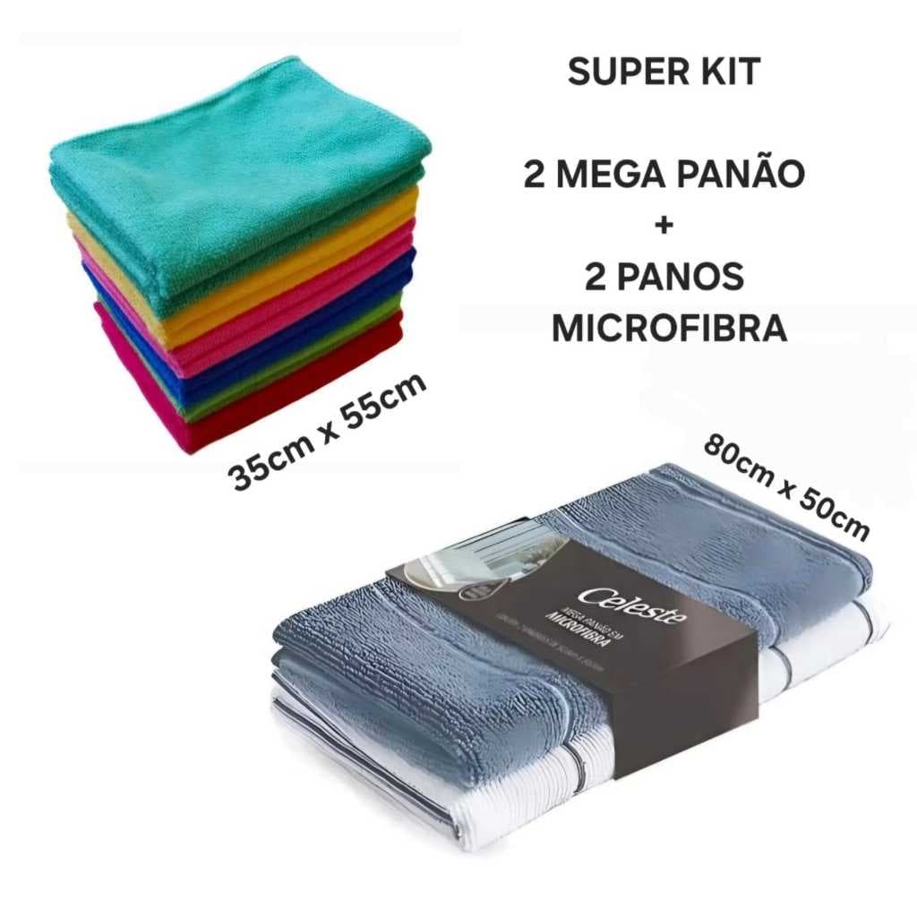 Kit Com 2 Pano De Limpeza Microfibra + 2  Mega Panao Pano Limpeza Microfibra 35x55cm Limpa Carro Vidro