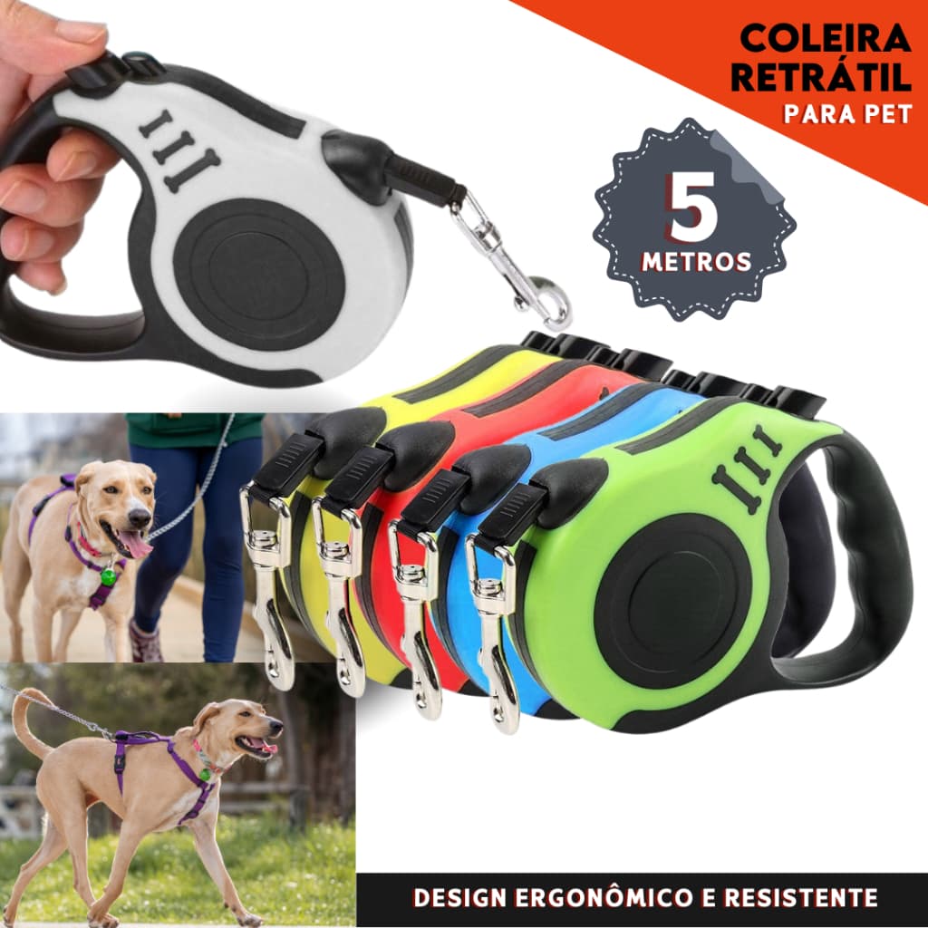 Coleira Pet Guia Retrátil 5 Metros Com Trava Resistente e Segura Para cães e Gatos - BNVT