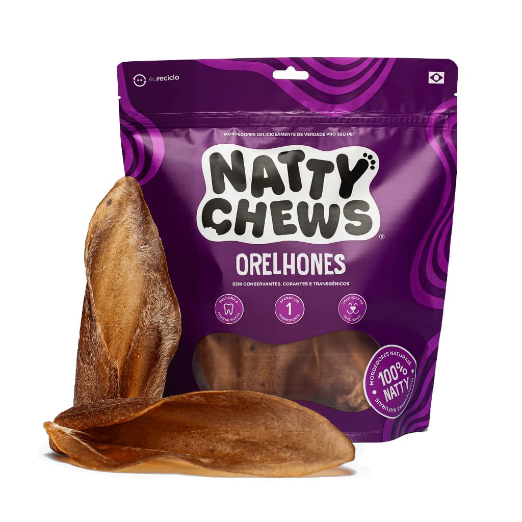 Petisco e Mordedor 100% Natural Orelha Bovina Desidratada Para Cães Natty Chews Orelhones - 3 unidades