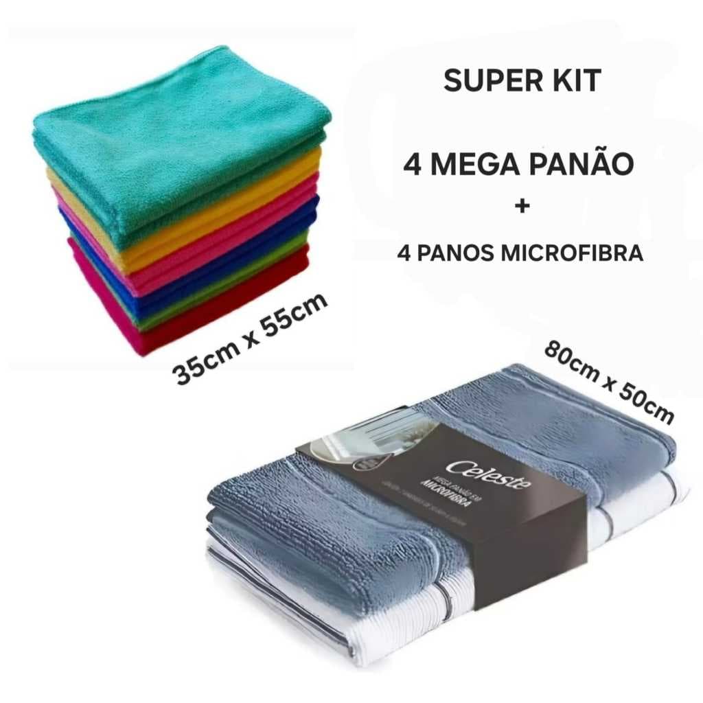 Kit Com 4 Mega Panao Toalha Microfibra + 4 Pano Limpeza  35 x 55  Alta Qualidade Limpeza Casa Carro Facillidade