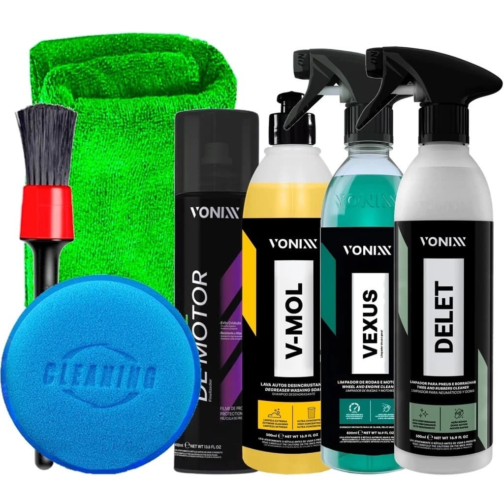 Kit Lavagem Vonixx e Limpeza de Motor  para Motos e Carros Shampoo V-Mol Limpador Delet Vexus Verniz