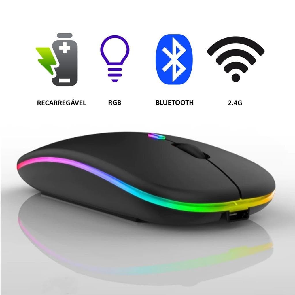 Mouse Bluetooth Wireless Sem Fio Recarregável Clique Silencioso RGB Gamer DPI