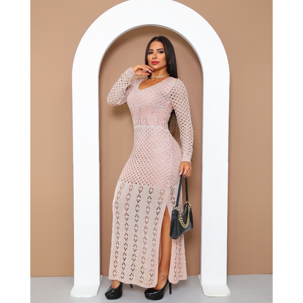 Vestido Feminino Tricot Manga Longa   Fenda Lateral Vestido com Forro VESTIDO LONGO