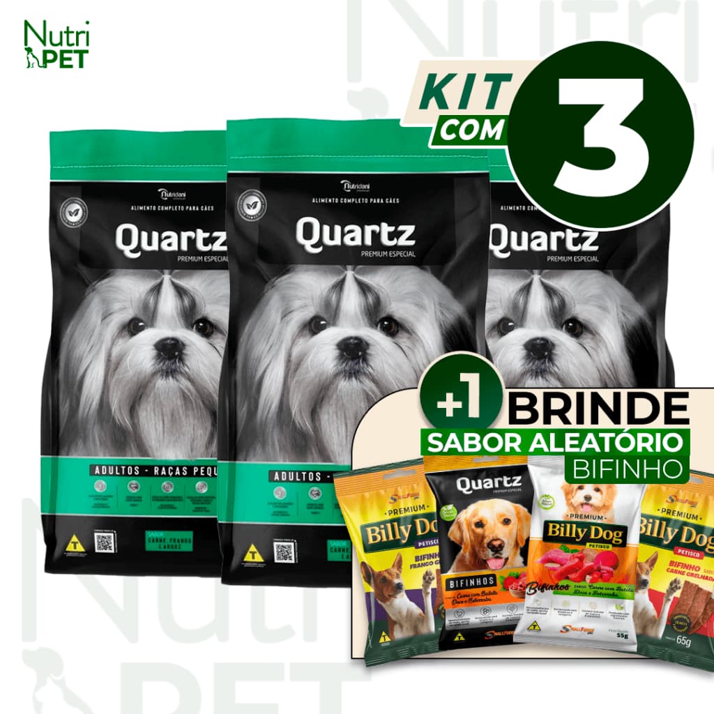 Kit com 3Kgs Ração Quartz Cães ADULTOS  Raças Pequenas
