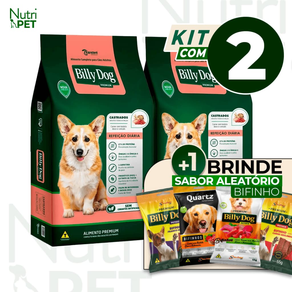 KIT com 2Kg Ração Billy Dog Cães Castrados