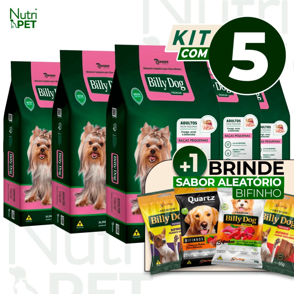 KIT 5 Ração Billy Dog Raças Pequenas Frango e Arroz 1kg
