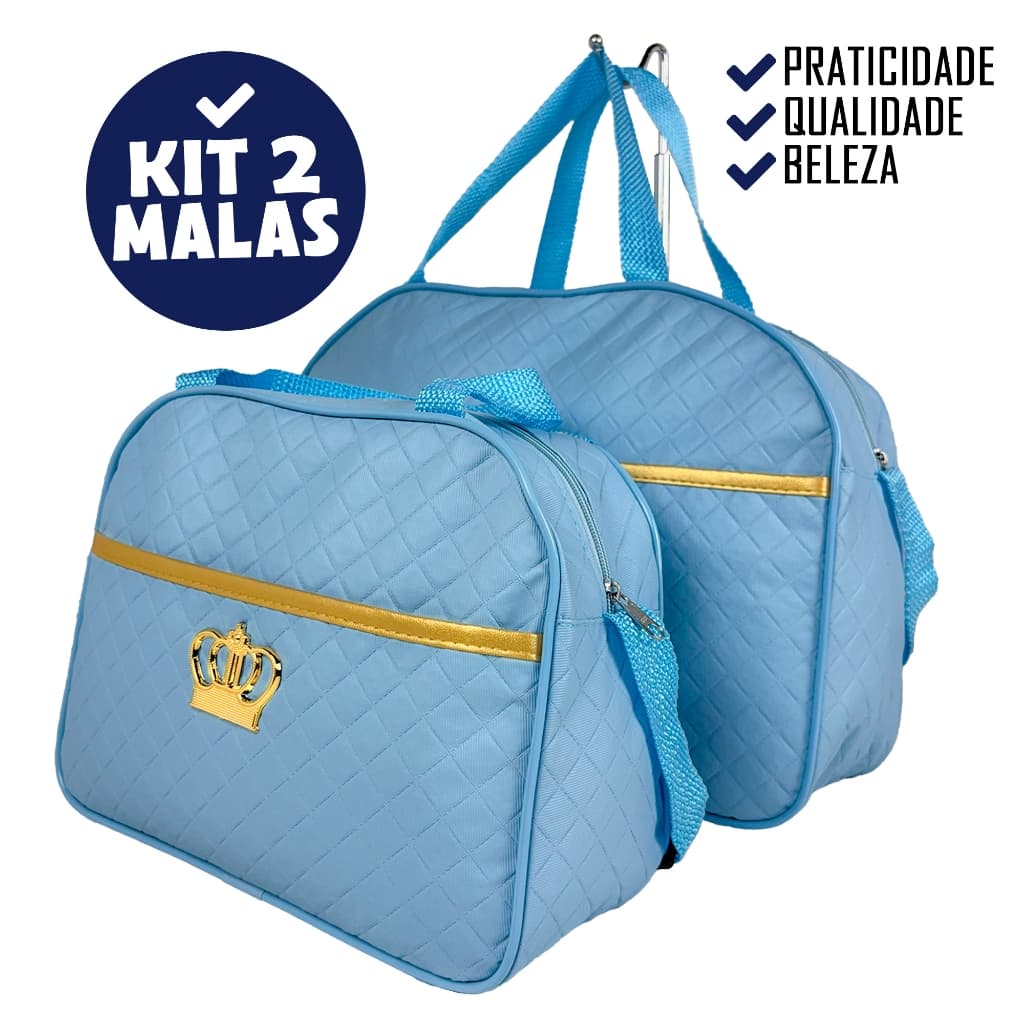 Kit Mala Maternidade Azul Bebê 2 Peças Bolsa Grande, Média para Bebê Menino Impermeável Enxoval - Com opção com Trocador