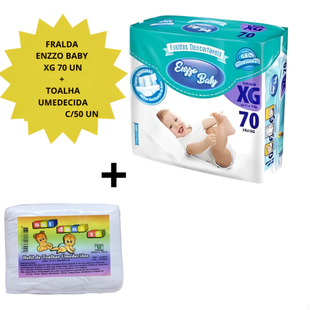Kit Fralda Descartável Infantil Enzzo Baby XG Com 70 Unidades + TOALHA UMEDECIDA  C/ 50 Unidades