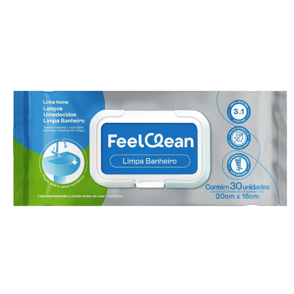 Lenço Umedecido de Limpeza Multissuperfícies FeelClean Home Banheiro c/ 30 unidades