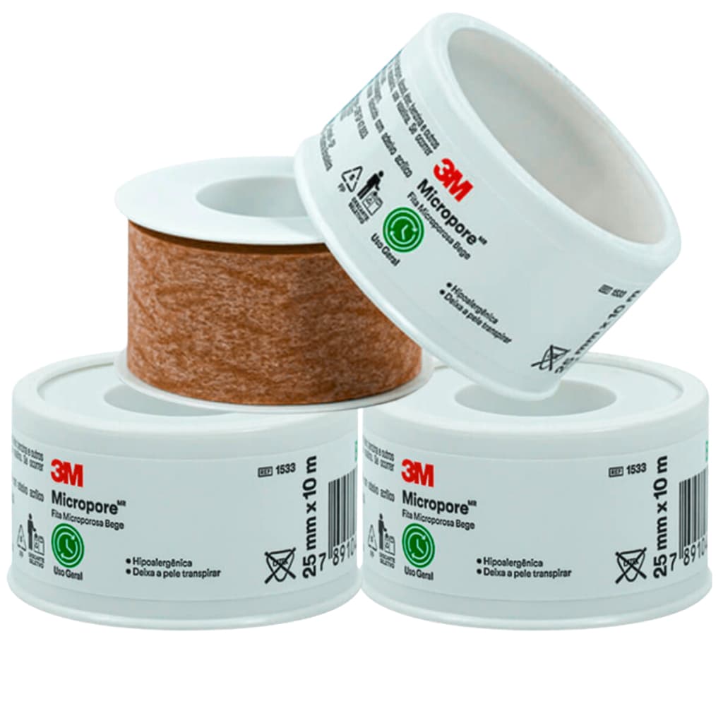 Fita Cirúrgica Micropore Hipoalergênico 3M Bege 25mm X 10 Metros - Kit C/03 Unidades