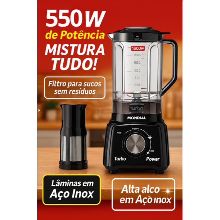 Liquidificador Mondial Turbo Power 550W – Suco sem Resíduos | Super Potente | Filtro Inox