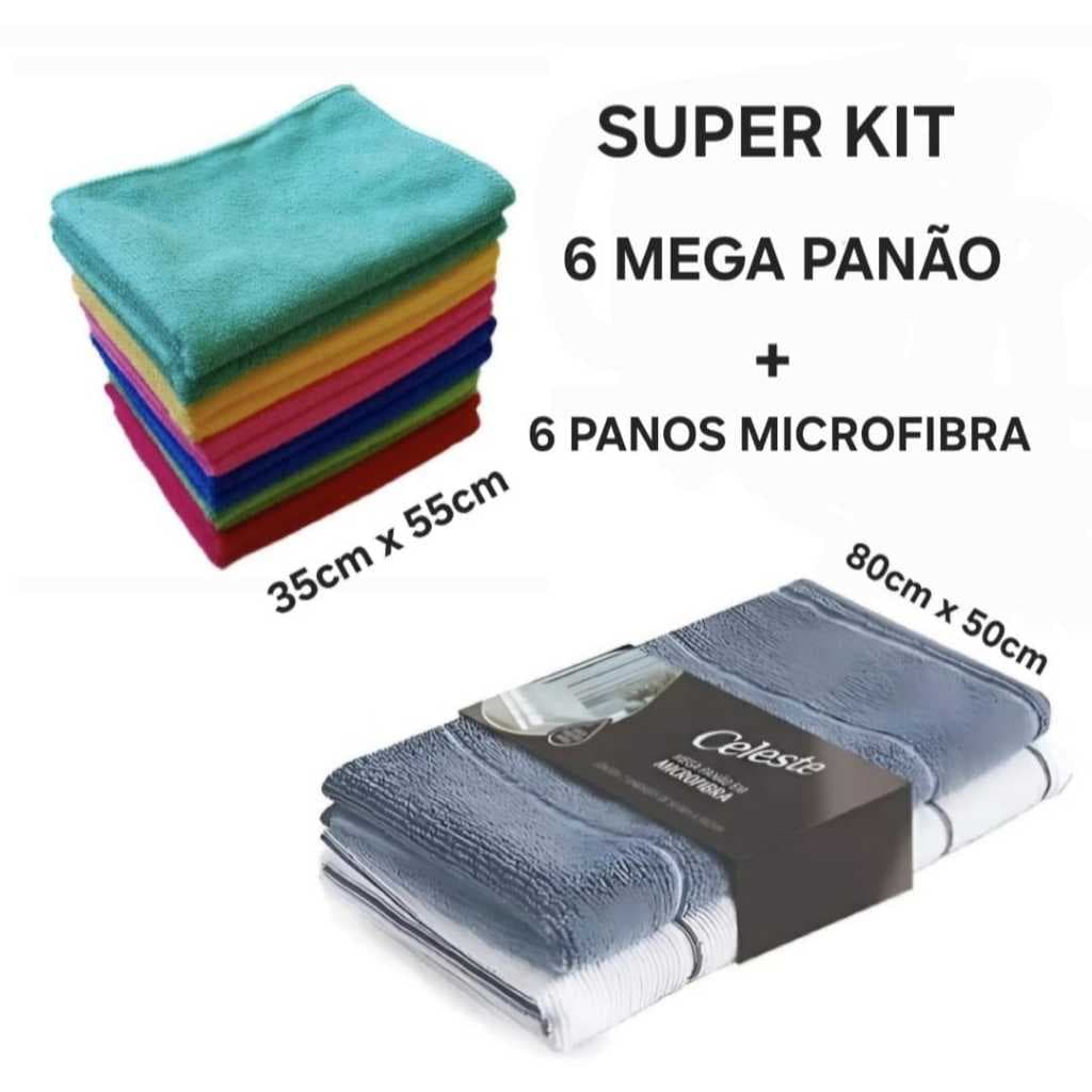 Kit Com 6 Panao Microfibra Toalha Magica + 6 Pano Limpeza Flanela 35 x 55  Limpeza Casa Carro Sem Fiapos Alta Qualidade