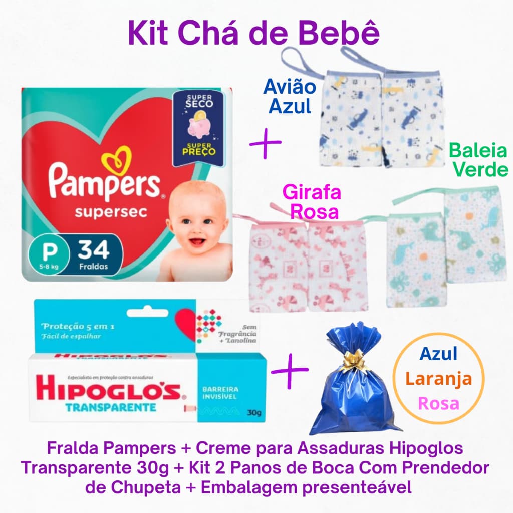 Kit Chá de Bebê Fralda Pampers +Creme para Assaduras Hipoglos Transparente 30g  + Mimo Kit 2 Panos de Boca Com Prendedor