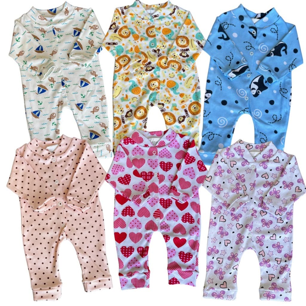 Kit macacão menino menina infantil bebe enxoval 3 unidades estampadas 100% algodão