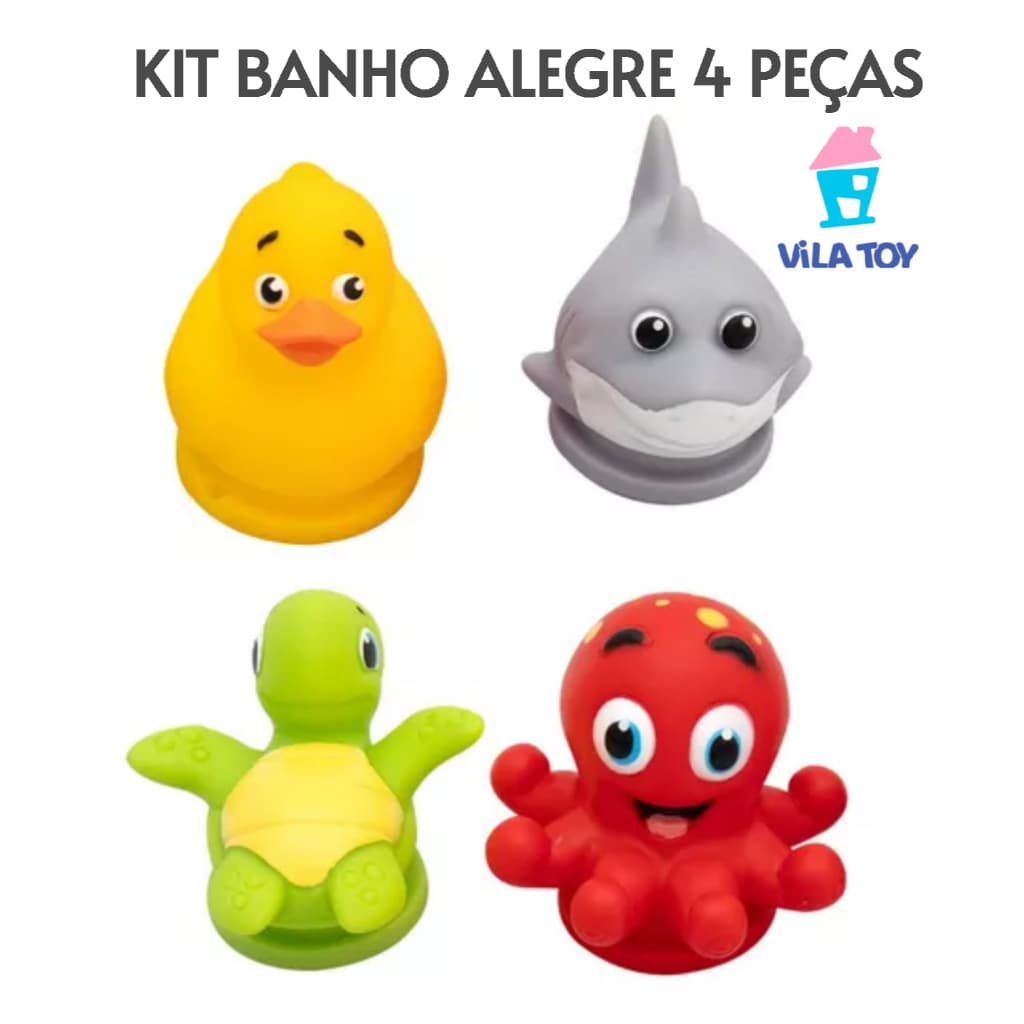 KIT 4 BRINQUEDOS PARA BANHO ALEGRE DIVERTIDOS BEBÊ  BANHEIRA VILA TOY