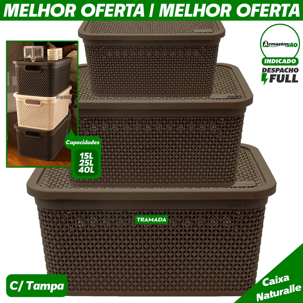 Kit 3 Caixas Organizadoras Caixa Cesto Naturalle Rattan 40 Litros Plástico Reforçado Armário Escritório Cozinha Banheiro