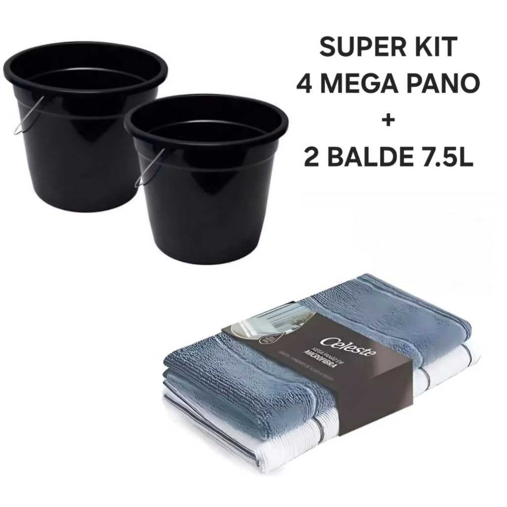 Kit Com 2 Baldes Limpeza 7,5 Litros  + 4  Mega Panao Microfibra Magica Sem Fiapos Alta Qualidade Limpeza Casa Carros