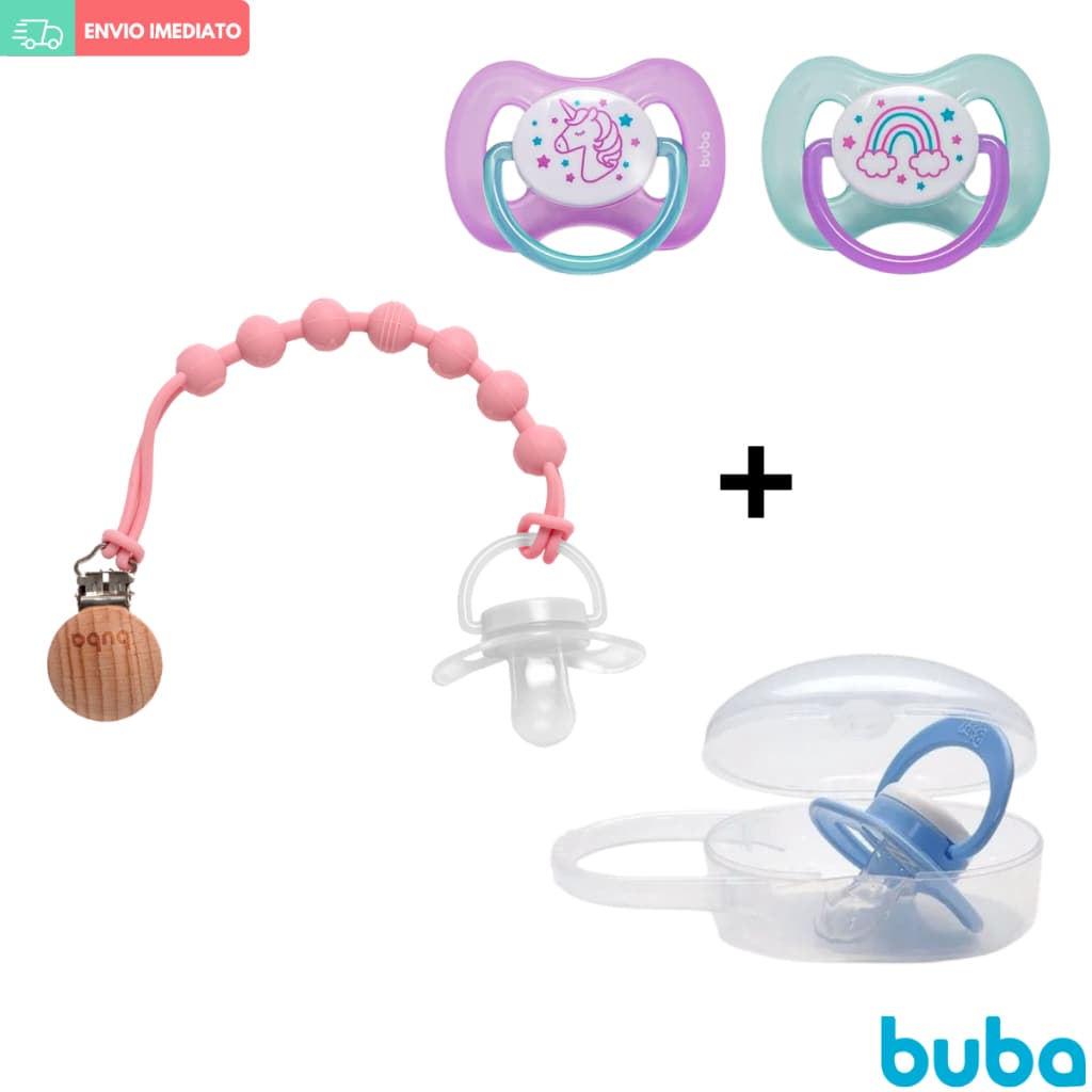 Kit com Chupeta Prendedor Chupeta e Porta Chupeta Bebê Buba