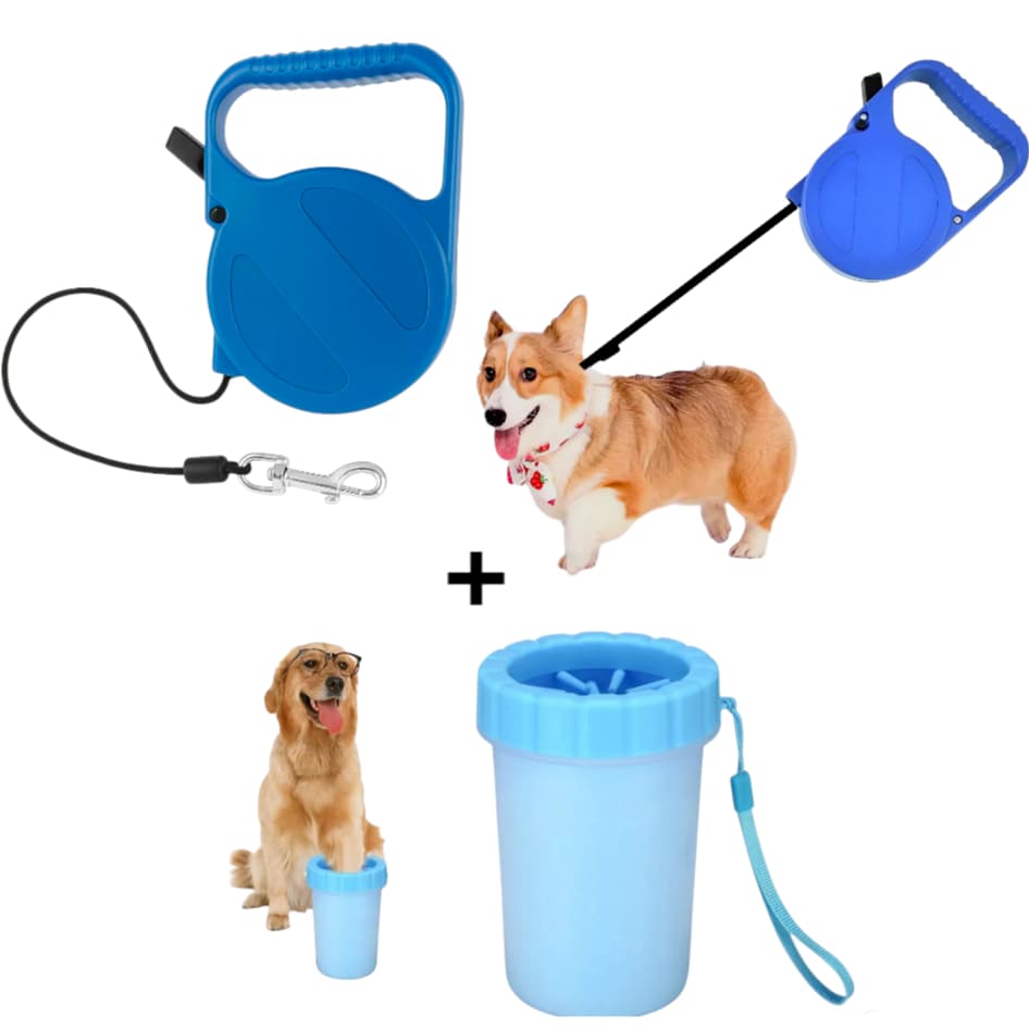 Kit Coleira Guia Retrátil pets 3 metros guia e 1 lava patas resistente Coleira para Cães Passeio