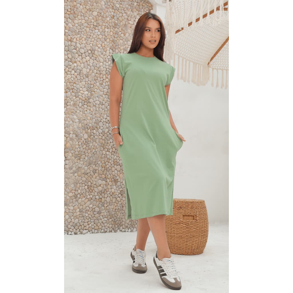 Vestido Midi Com Manga Muscle e Bolso Lateral